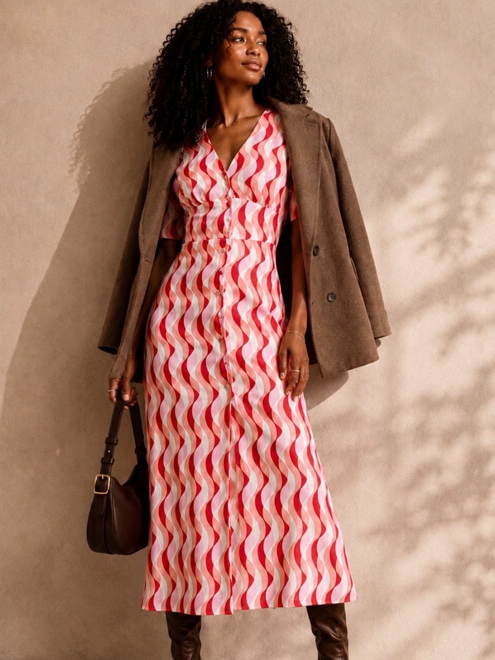Anthropologie Nobody’s Child Alexa Wavy Button-Front Midi Dress Size 6